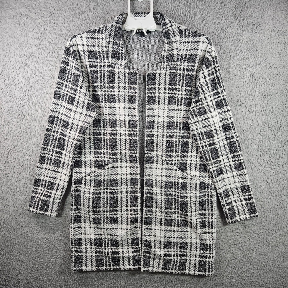 EXPRESS Plaid Open Front Cardigan Blazer Jacket Womens XS Black‎ White Textured
